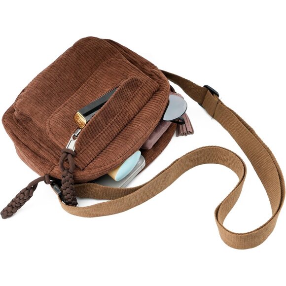 Small Brown Corduroy Crossbody Bag Mini Shoulder Purse with Zipper Pockets - Picture 6 of 6